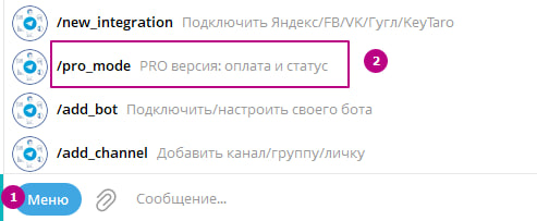 Главное меню бота с кнопкой Pro версия: Оплата и статус