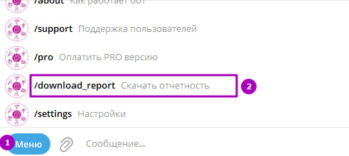 Меню бота с командой /download_report