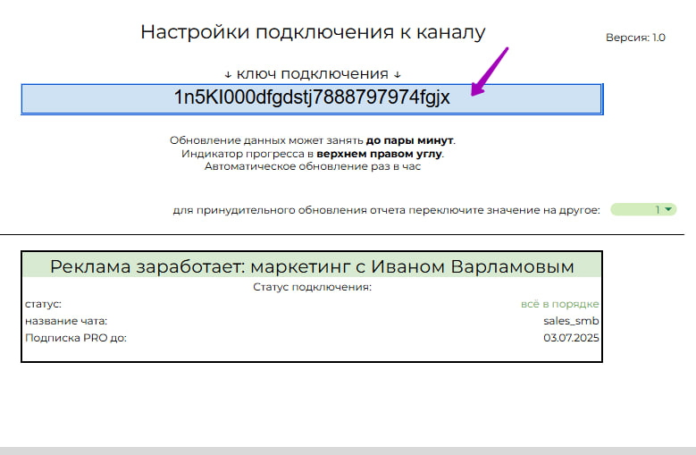 Страница 'Настройки подключения к каналу' в Google Таблице с полем для ключа