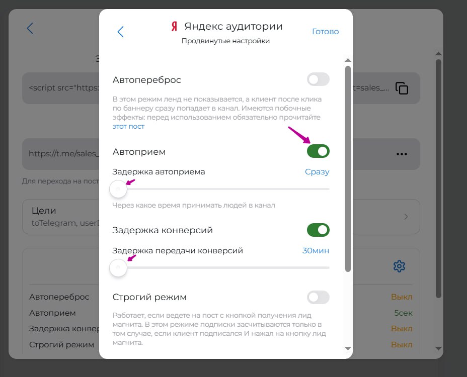 Настройка автоприема и задержки конверсий