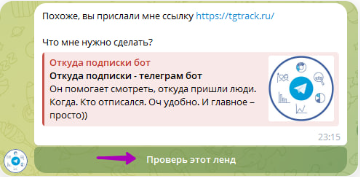 Отправка ссылки на лендинг в бота и запуск проверки