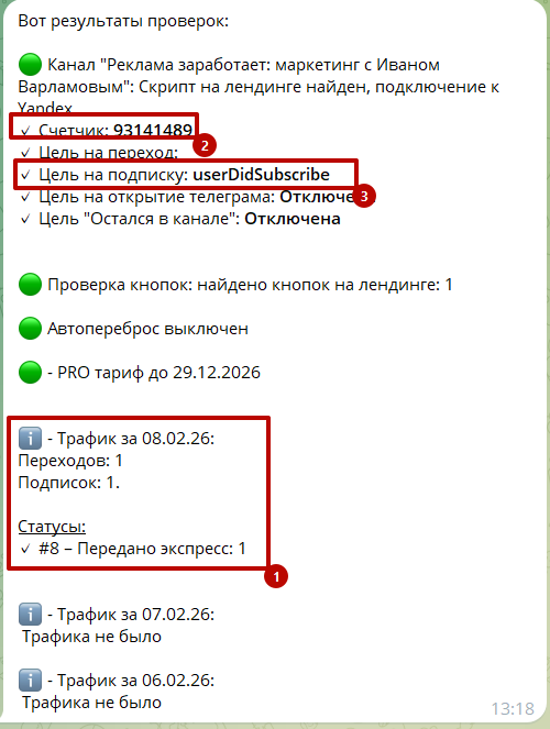 Отчет о проверке подключения с выделенными областями для диагностики