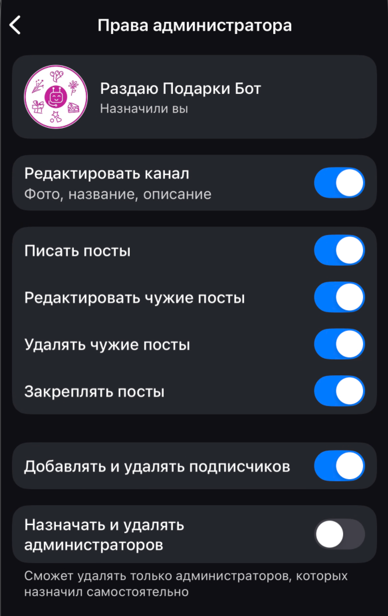Права бота в канале Max
