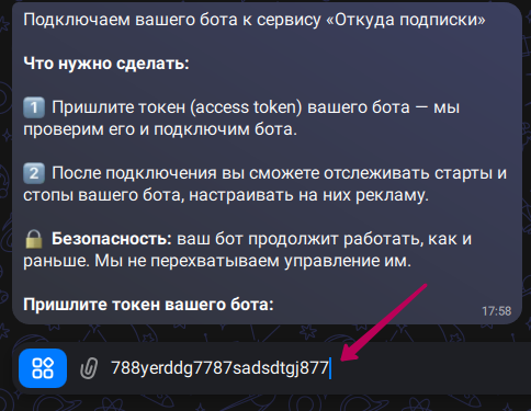 Сообщение бота с просьбой прислать токен и поле ввода